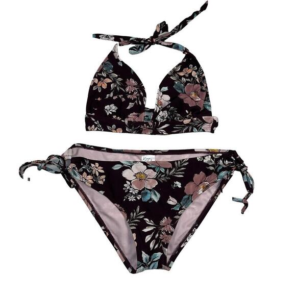Kona Sol Burgundy Floral Bikini Two Piece Tie Hips Swim Suit Size M - Picture 2 of 10
